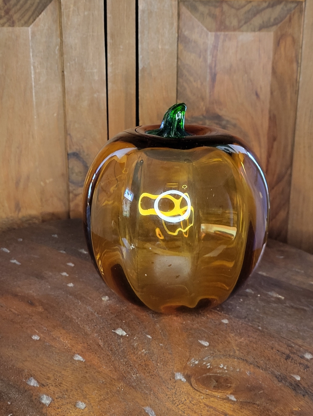 Hand-Blown Amber Glass Pumpkin Décor with Green Stem - Picture 7 of 11